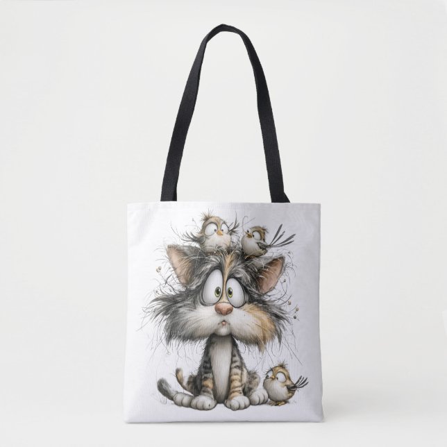 Whimsical cat with birds tote bag (Front)