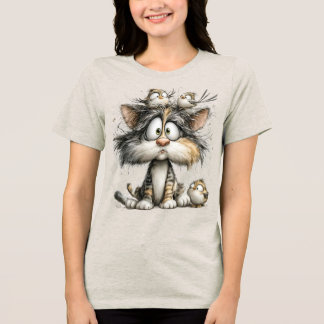 Whimsical cat with birds Tri-Blend shirt