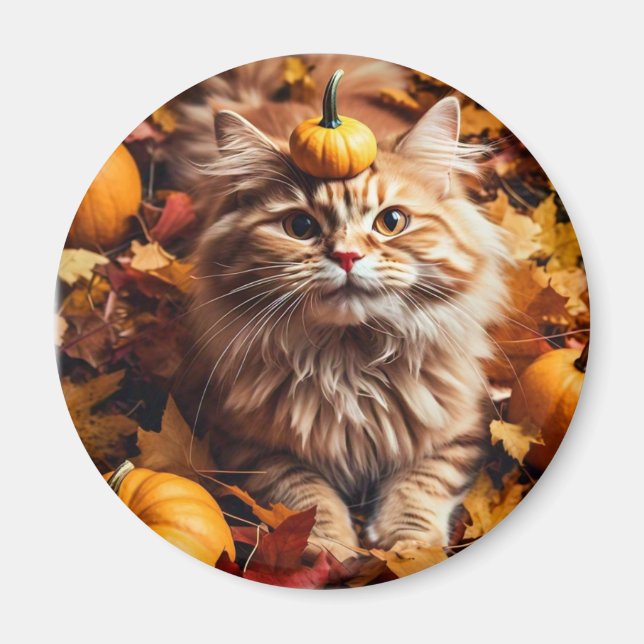 Whimsical Cat with Pumpkins Magnet (Front)