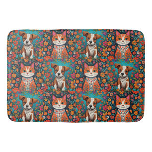 Whimsical Cats and Dog with Folk Art Flowers Bath Mat