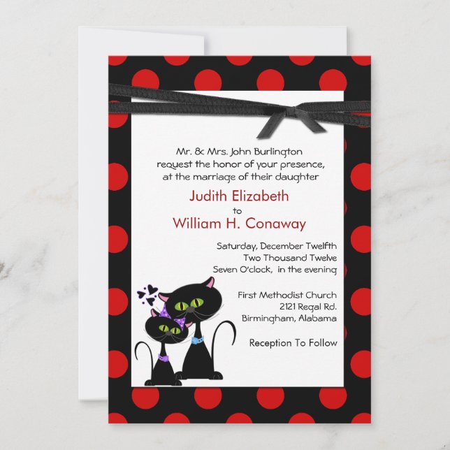 Whimsical Cats and Polka Dots Wedding Invitation (Front)