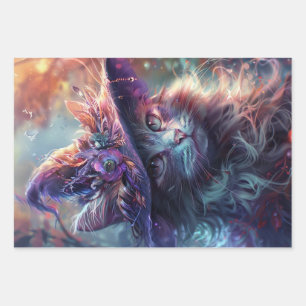 Whimsical Cats as Witches Purple Decoupage Wrapping Paper Sheet