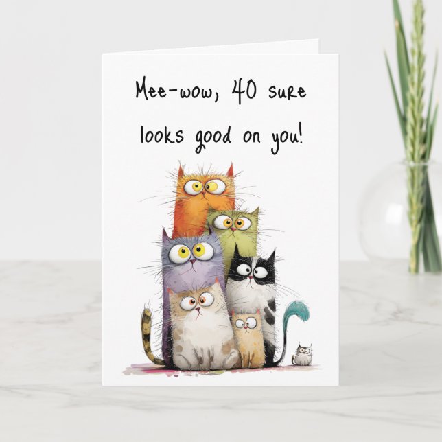 Whimsical Cats Big Eyes 40th Birthday Greeting Card (Front)