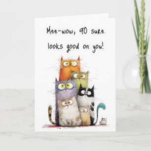 Whimsical Cats Big Eyes 90th Birthday Greeting Card
