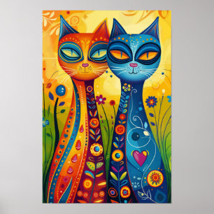 Whimsical Cats in Harmony: Colourful Folk Art Poster