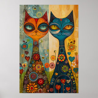 Whimsical Cats in Harmony: Colourful Folk Art Poster