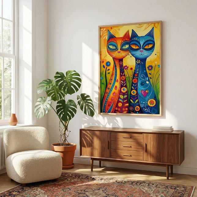 Whimsical Cats in Harmony: Colourful Folk Art Poster (Creator Uploaded)