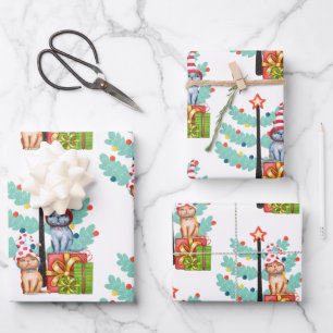 Whimsical Cats in Hats and Christmas Pattern Wrapping Paper Sheet