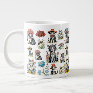 Whimsical Cats in Hats with Flowers & Bees Large Coffee Mug