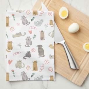 Whimsical Cats Neutral Color Illustration Tea Towel