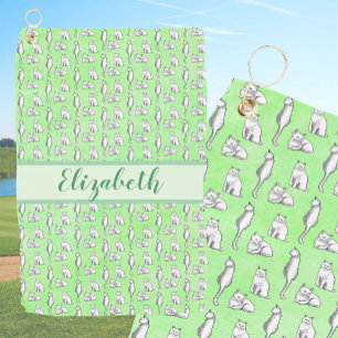 Whimsical cats on green with custom name womens golf towel