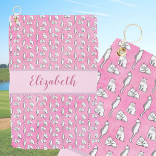 Whimsical cats on pink with custom name ladies golf towel