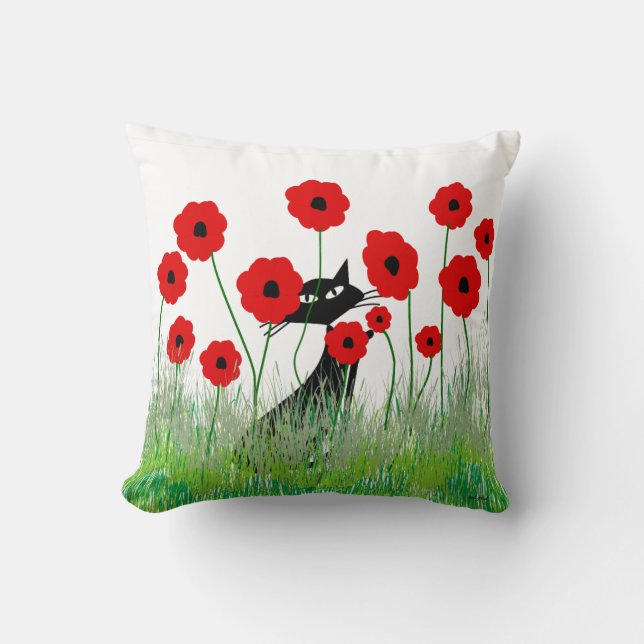 Whimsical Cats Pillow Black Cats and Poppies (Front)