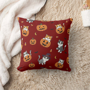 Whimsical Cats & Pumpkins Halloween Throw Pillow