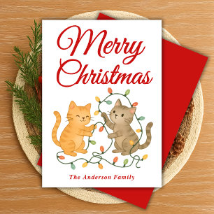 Whimsical Cats Tangling Christmas Lights Holiday Card