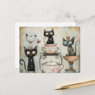 Whimsical Cats Tea Party Postcard