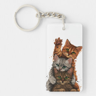Whimsical Cats Trio: Playful Stacks Key Ring