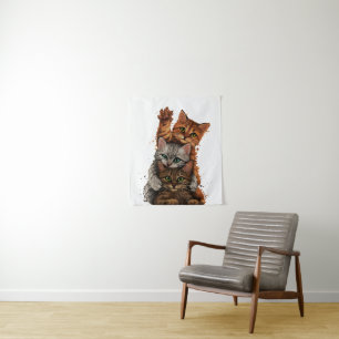 Whimsical Cats Trio: Playful Stacks Tapestry