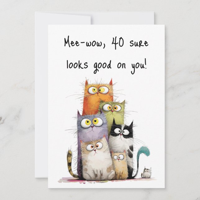 Whimsical Cats with Big Eyes 40th Birthday Flat Card (Front)