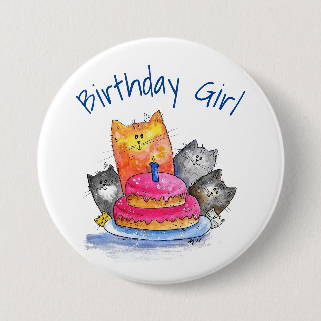Whimsical Cats with Birthday Cake 7.5 Cm Round Badge (Front)
