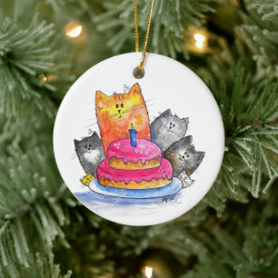 Whimsical Cats with Birthday Cake Ceramic Ornament