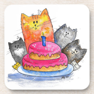 Whimsical Cats with Birthday Cake Coaster