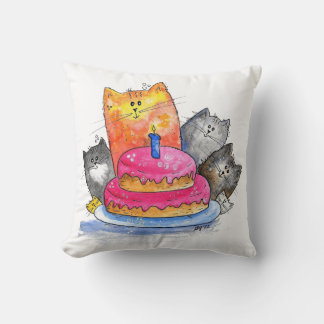 Whimsical Cats with Birthday Cake Cushion