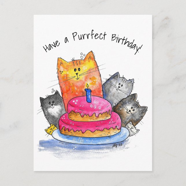 Whimsical Cats with Birthday Cake Postcard (Front)