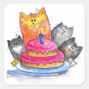 Whimsical Cats with Birthday Cake Square Sticker