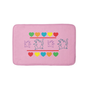 Whimsical Cats with Rainbow Hearts Bath Mat