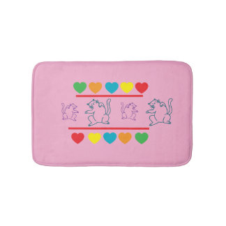 Whimsical Cats with Rainbow Hearts Bath Mat