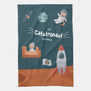 Whimsical Catstronaut in Space, Cats on Mars, Fun Tea Towel