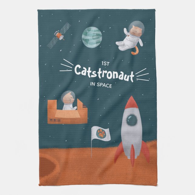 Whimsical Catstronaut in Space, Cats on Mars, Fun Tea Towel (Vertical)