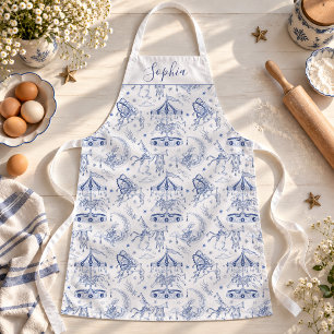 Whimsical Celestial Bunny Blue Toile de Jouy Apron