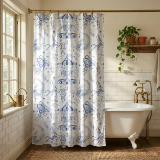 Whimsical Celestial Bunny Blue Toile de Jouy Shower Curtain