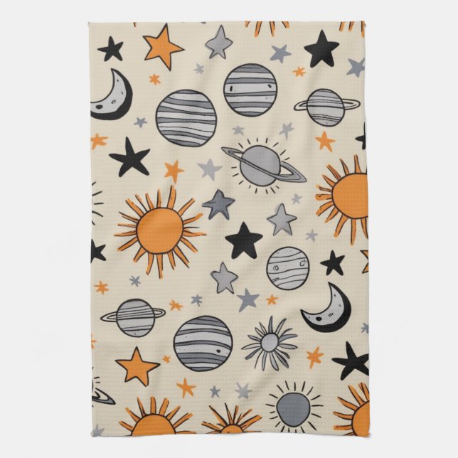 Whimsical Celestial Doodle Tea Towel (Vertical)