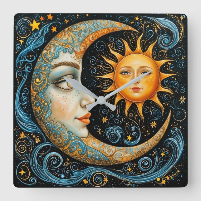 Whimsical Celestial Dream: Moon and Sun. Square Wall Clock (Front)