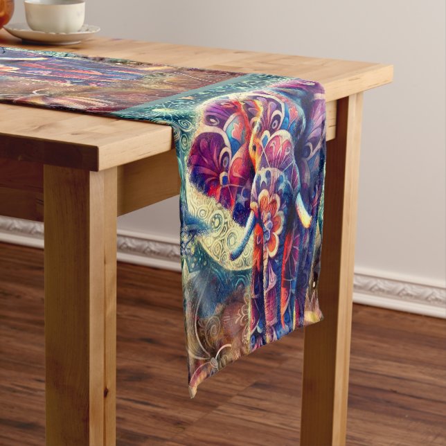 Whimsical Celestial Elephant Night Sky Decor Short Table Runner (In Situ)
