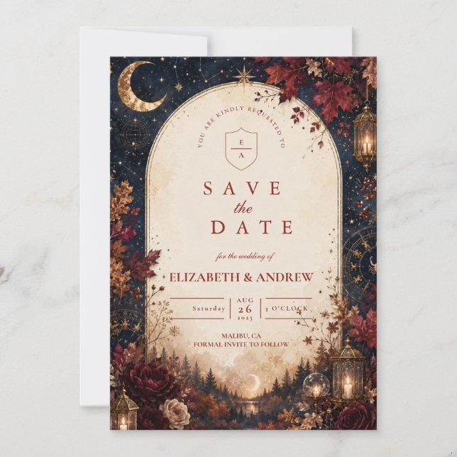 Whimsical Celestial Fall Wedding Save The Date (Front)