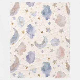 Whimsical Celestial Moon Stars Watercolor Pastels Fleece Blanket