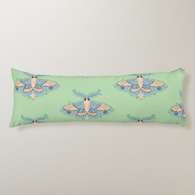 Whimsical Celestial Moth — Soft Blue & Peach Body Cushion (Front)