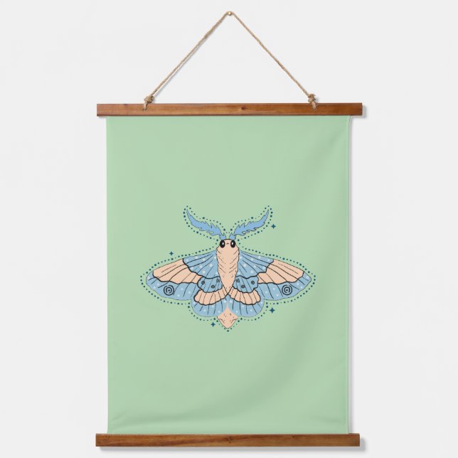 Whimsical Celestial Moth — Soft Blue & Peach Hanging Tapestry (Front)