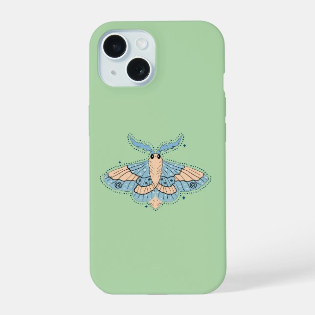 Whimsical Celestial Moth — Soft Blue & Peach iPhone 15 Case (Back)
