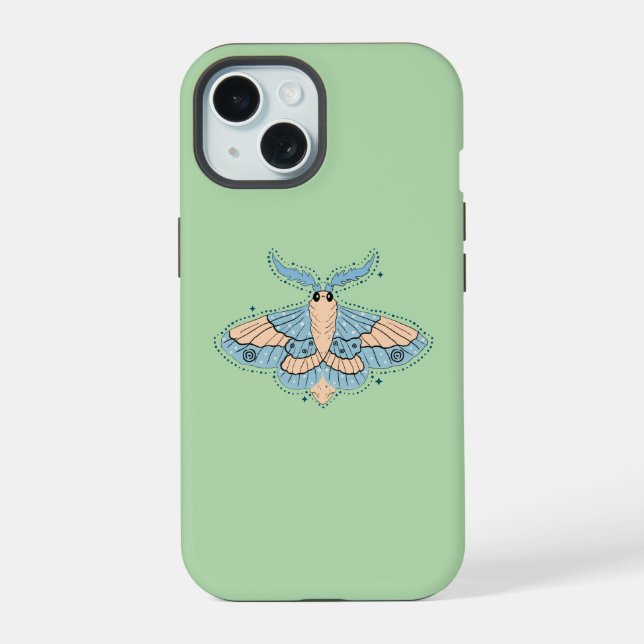 Whimsical Celestial Moth — Soft Blue & Peach iPhone 15 Case (Back)