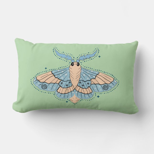 Whimsical Celestial Moth — Soft Blue & Peach Lumbar Cushion (Front)