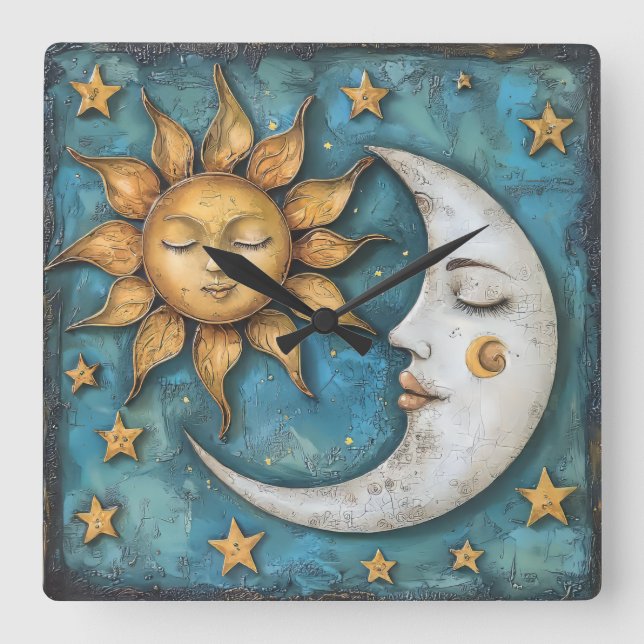 Whimsical Celestial  Square Wall Clock (Front)