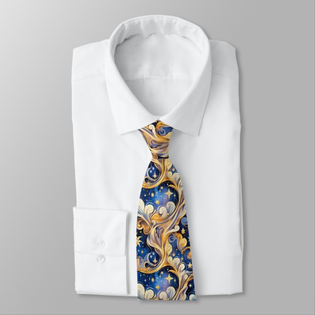 Whimsical Celestial Sun, Moon & Stars Pattern Tie (Tied)