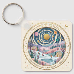 Whimsical Celestial Winter Birthday Spiral Key Ring