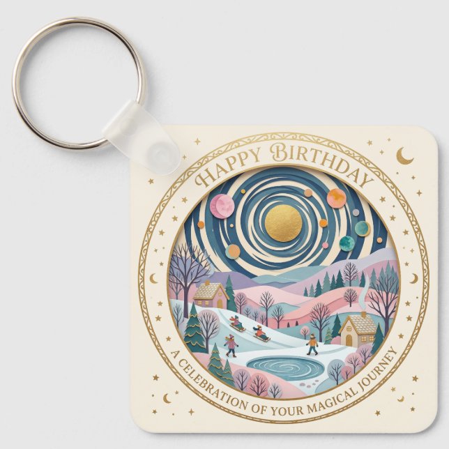 Whimsical Celestial Winter Birthday Spiral Key Ring (Front)
