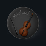 Whimsical Cello & Bow Custom Classical Musician's 6 Cm Round Badge<br><div class="desc">This charming button looks as of it has a miniature cello and bow sitting on top of it. The instruments were drawn with a trompe-l'oeil effect to make them look 3-dimensional. The background can be customised with your name or an inspirational word.</div>